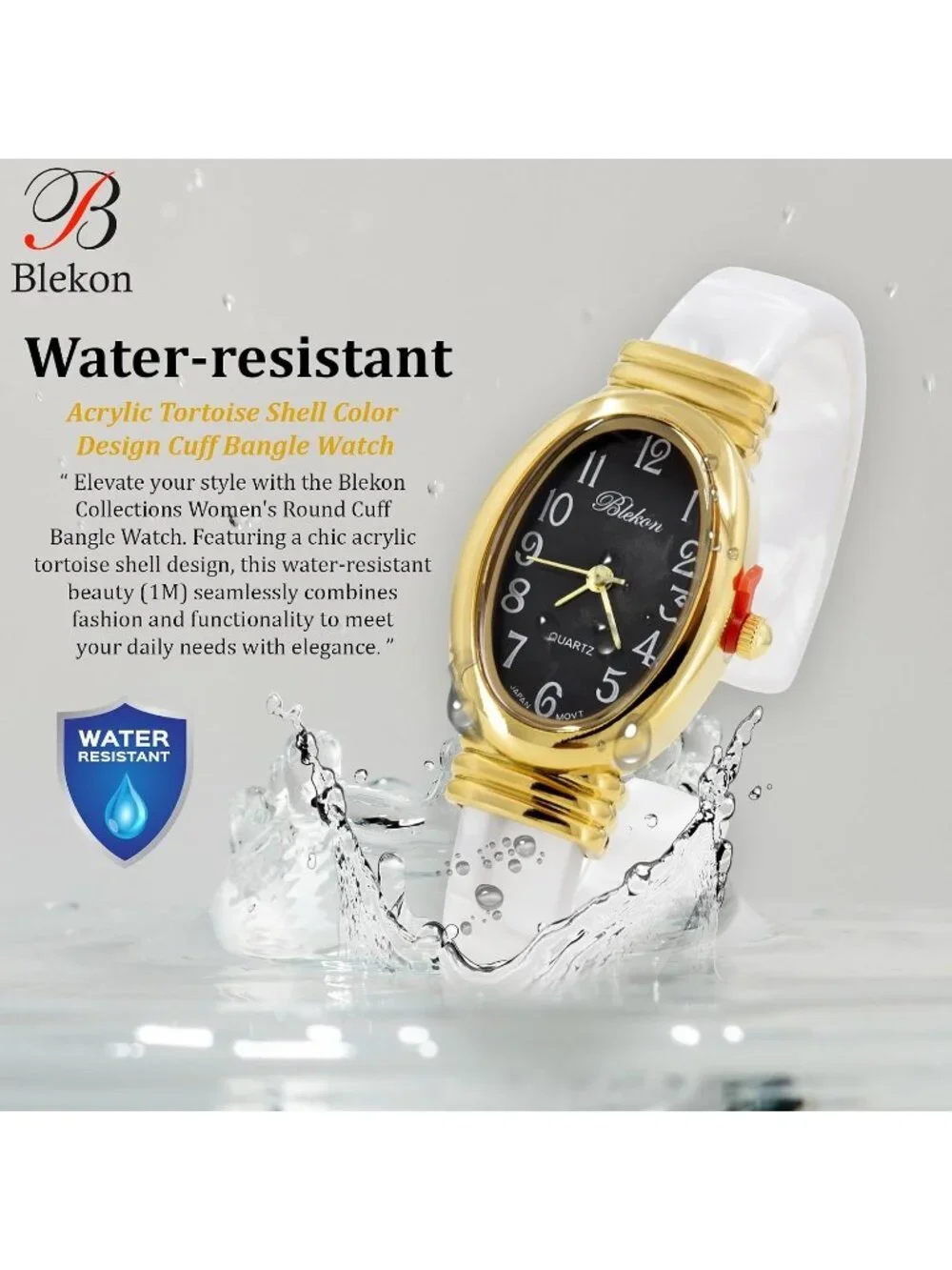 Women's Gold/Black/White Pearl/Oval Shell Color Design Cuff Bangle Stylish Watch